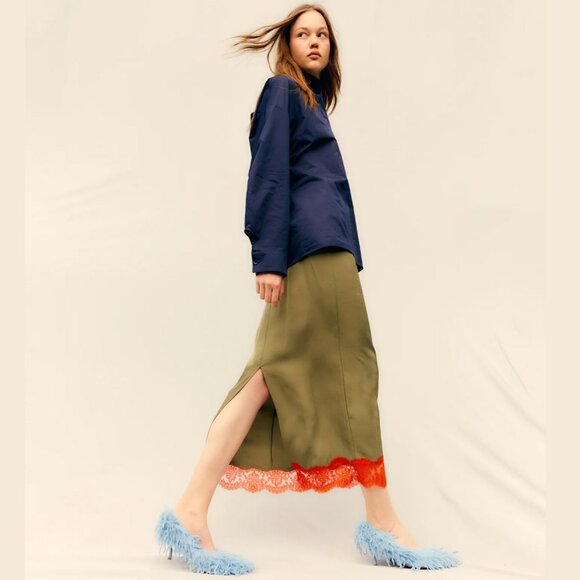 NWT TIBI Olive/Orange LACE trim applique slip MIdi Skirt size SMALL - Picture 3 of 3